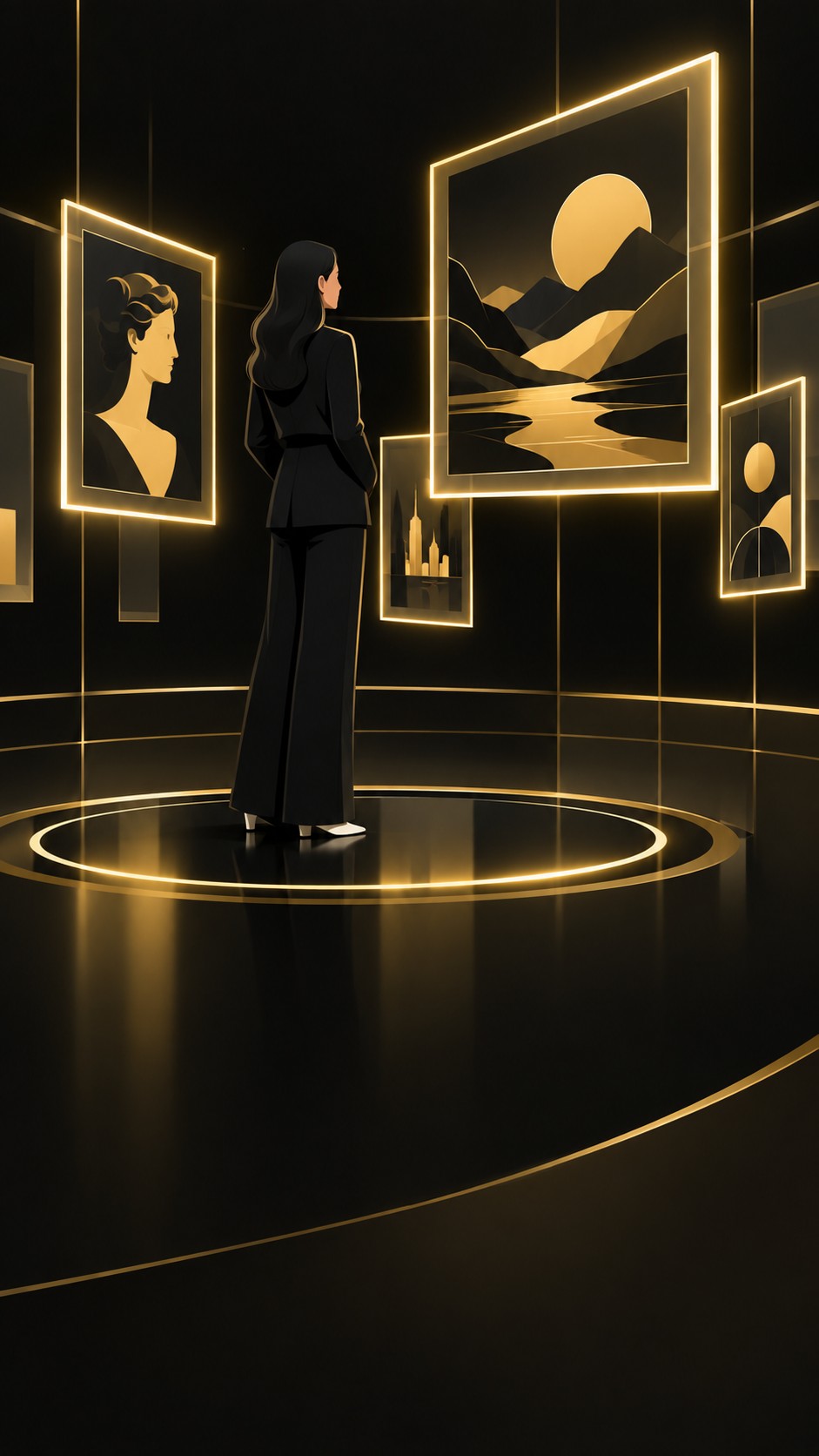 Floating digital art frames made of light in a virtual gallery